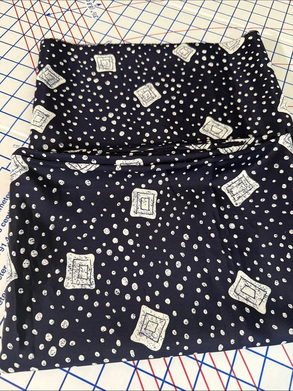 Vintage 1970s 80s Dark Navy Cream Abstract Dot Geometric Fabric 2.5 Yards x 44”